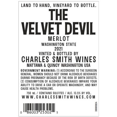 The Velvet Devil Merlot Red Wine by Charles Smith - 750ml Bottle