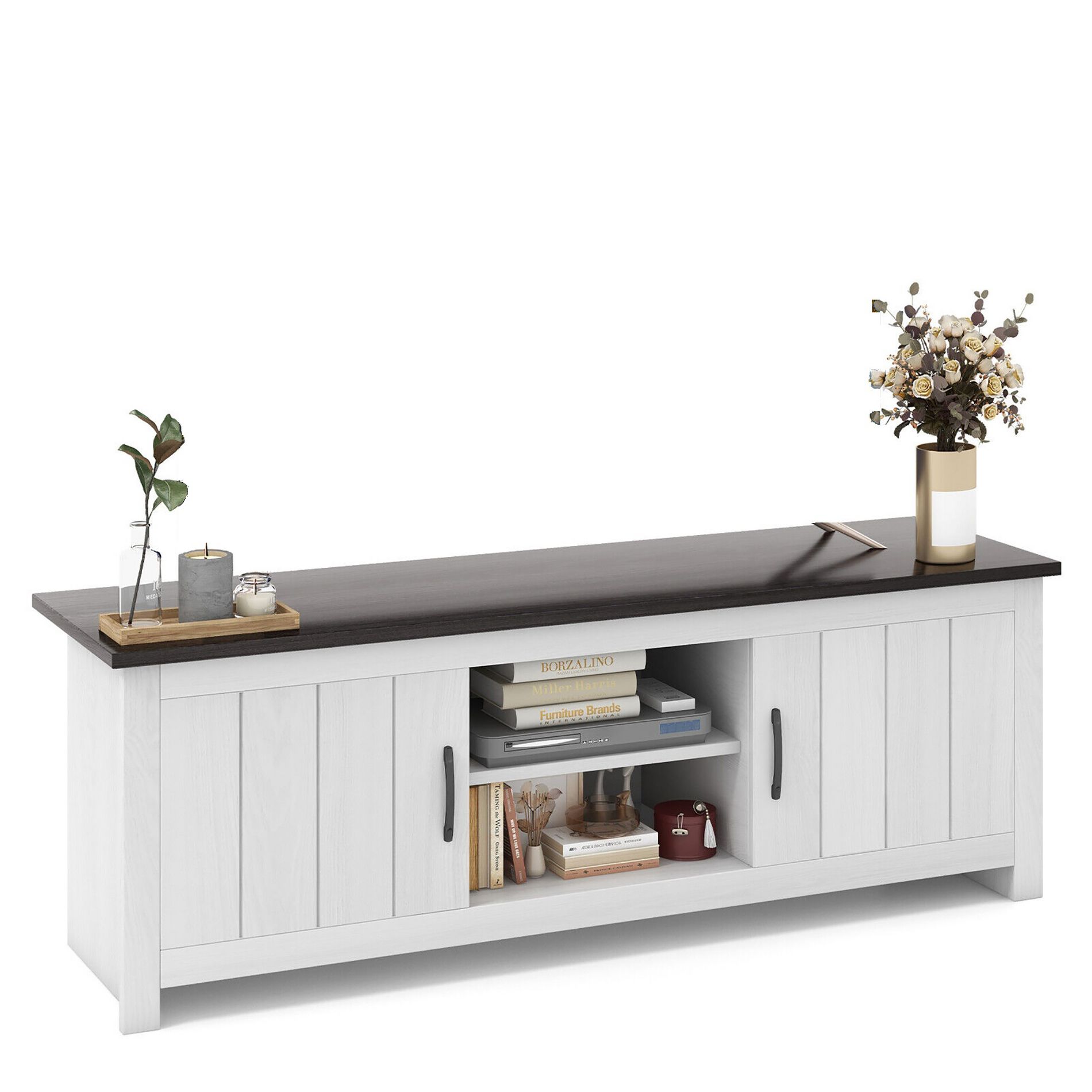 Tangkula Farmhouse TV Stand for TVs up to 65" Media Console Center w/ Doors Cubbies