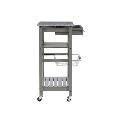 Gray Granite Top Kitchen Cart with Wine and Spice Rack