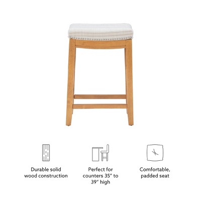 Natural Wood Backless Saddle Counter Stool with Striped Linen Seat