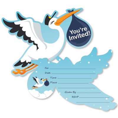 Big Dot of Happiness Boy Special Delivery - Shaped Fill-in Invitations - Blue It's a Boy Stork Baby Shower Invitation Cards with Envelopes - Set of 12