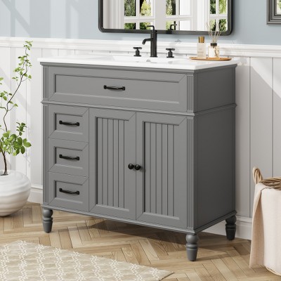 CIPACHO 36" Bathroom Vanity with Sink, Bathroom Cabinet with Drawers, Solid Frame and MDF Board, One Package, Grey
