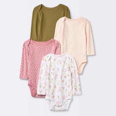 Image of Baby Girls' 4pk Prairie Floral Long Sleeve Bodysuit - Cloud Island™ Pink 3-6M