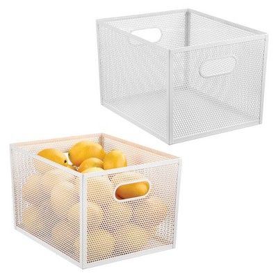 Perforated Metal Storage Bin with Handles for Pantry - Set of 2 - White