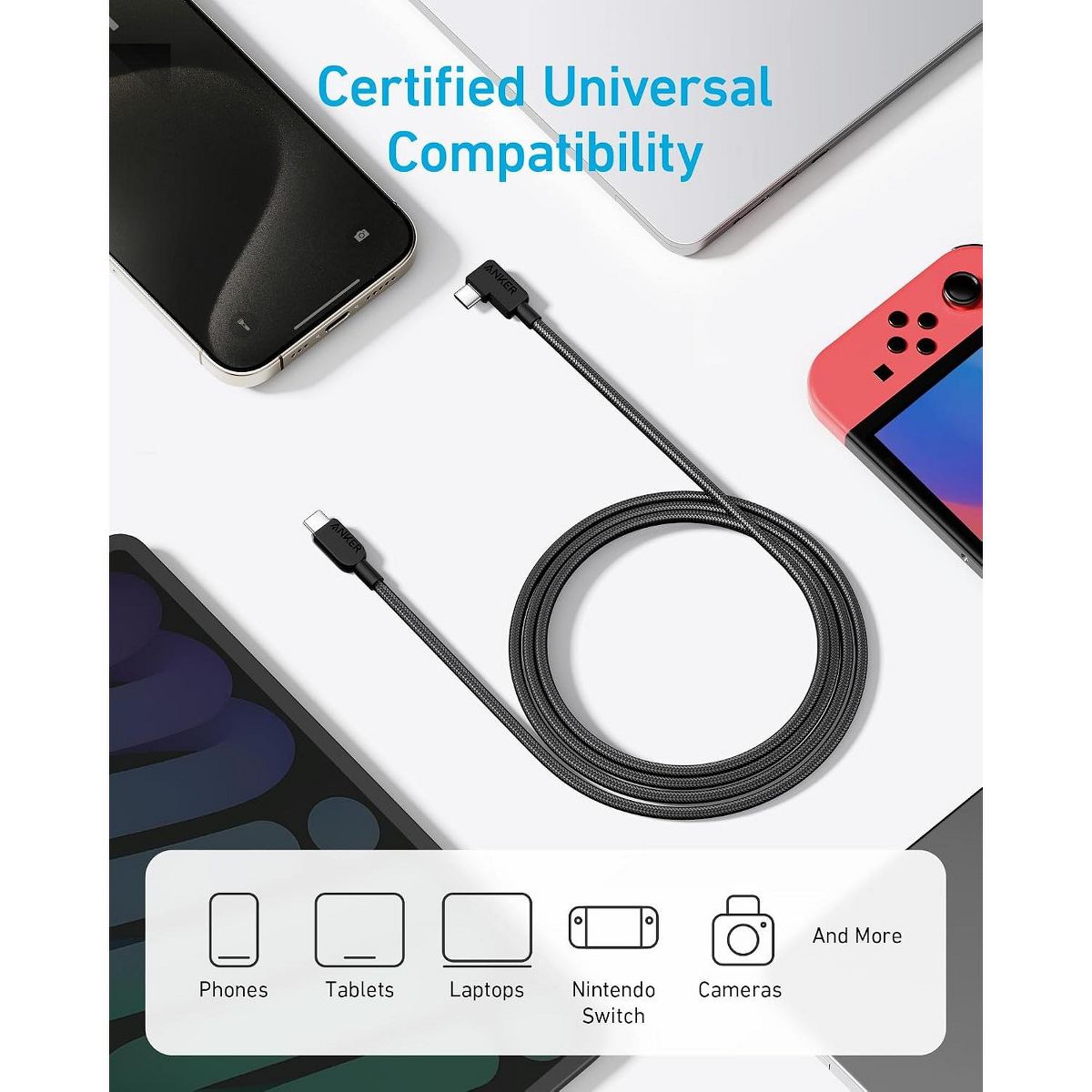 Anker USB C to USB C Right-Angle Cable, 240W (2-Pack, 6 ft, Black) | 90-Degree Braided USB C Charging Cord for iPhone 17 Series and More - thumbnail 5