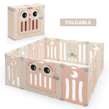 Costway 14-Panel Baby Playpen Kids Activity Center Foldable Play Yard w/ Lock Door Beige/Blue/Pink