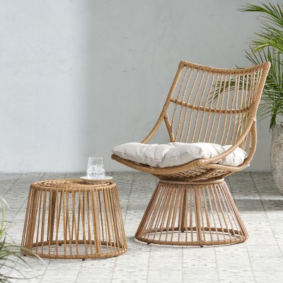 Bigget 2 Piece Rattan Outdoor Patio Steel Egg Chair with accent table