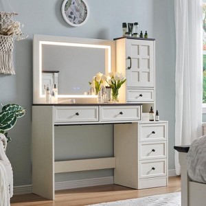 Mastgoal Farmhouse Vanity Desk with Touch Screen LED Mirror, 47" Big Make Up Table, 6 Drawers, Glass Top, Charging Station, Rustic Wood Dressing Table - 1 of 4