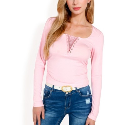 Anna-Kaci Women's Long Sleeve Lace Detail Henley Top with Decorative Buttons