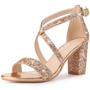 Perphy Women's Glitter Open Toe Criss Cross Strap Chunky Heel Sandals - 1 of 4