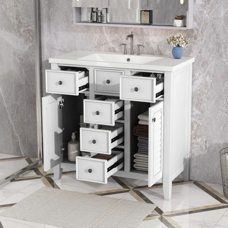 36" Solid Wood Frame Bathroom Vanity with Ceramic Sink, Two Cabinets, and Five Drawers - ModernLuxe, 2 of 12