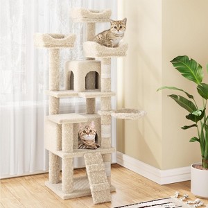 63 Inches Multi-Level Cat Tree Tower with Condo, Plush Perches, Scratching Posts, Hammocks, and Play House, Beige - 1 of 2