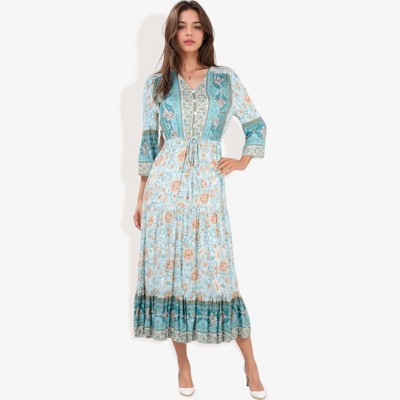 Anna-Kaci Women's Bohemian Floral Print Midi Dress With 3/4 Sleeves And Drawstring Waist- Small, Light Blue