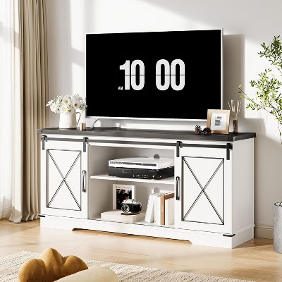 Homhougo Farmhouse TV Stand for TV up to 65 Inches, Entertainment Center with Sliding Barn Doors and Adjustable Shelf, White