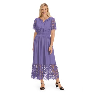 Collections Etc Lace Detail Sleeve & Border V-Neck Smocked Waist Dress - 1 of 4