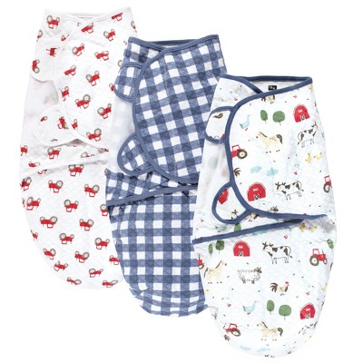 Image of Hudson Baby Infant Boy Quilted Cotton Swaddle Wrap 3pk, Boy Farm Animals, 0-3 Months