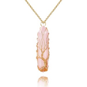 Tree of Life Crystal Necklace, Wire Wrapped Natural Stone Reiki Healing Jewelry Rose Quartz - 1 of 4