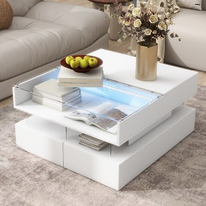 TIRAMISUBEST Lift-Top Coffee Table with 2 Drawers, Modern Square Center Table Table with Glass Top, High-Gloss Finish, Hidden Space and LED Lights - 1 of 4