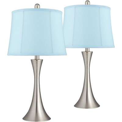 360 Lighting Modern Table Lamps Set of 2 LED Brushed Nickel Metal Blue Softback Drum Shade Living Room Bedroom House Home Office