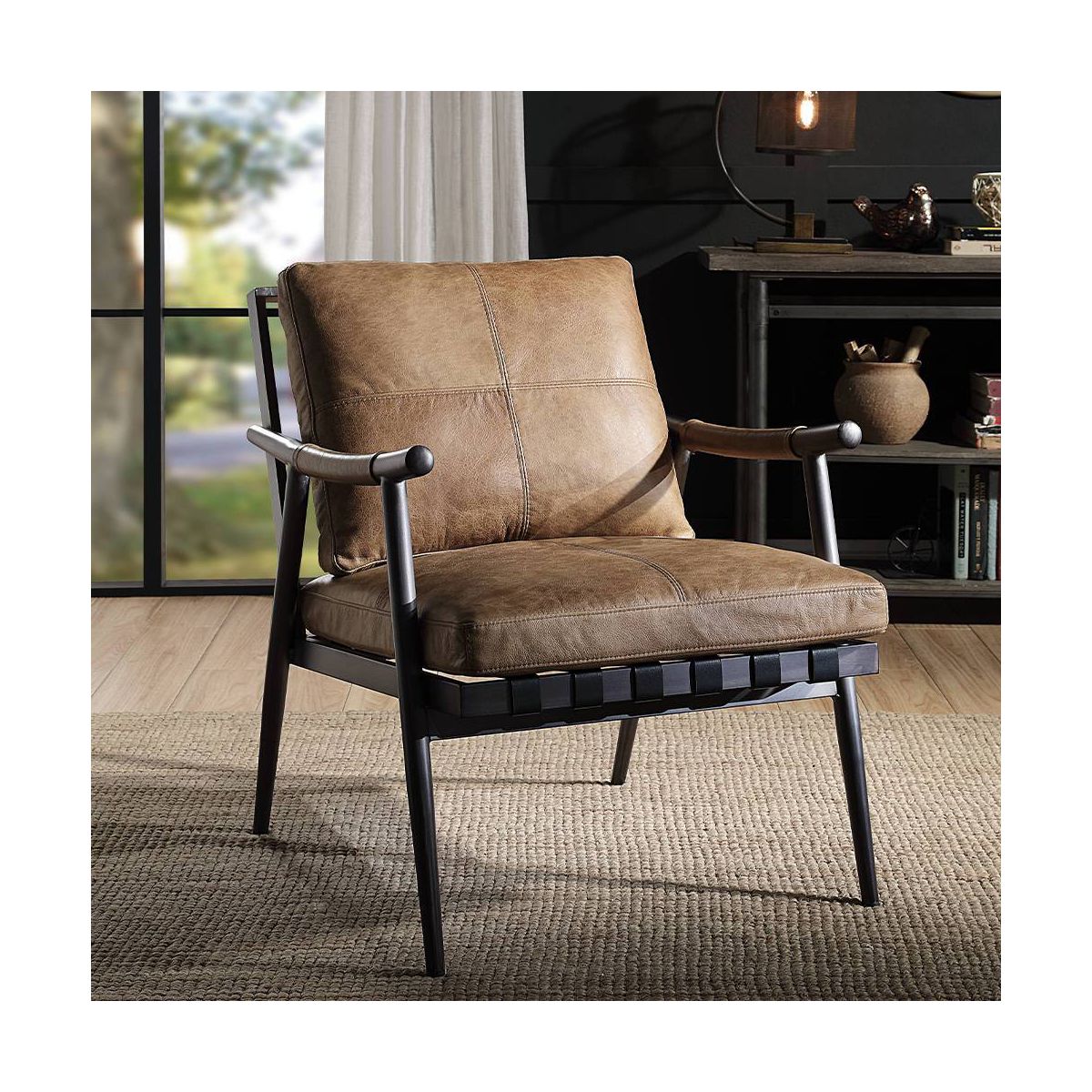 Acme Furniture 26" Anzan Accent Chair Berham Chestnut Top Grain Leather/Matt Iron Finish: No Assembly, Metal Frame, Dry Dust Care