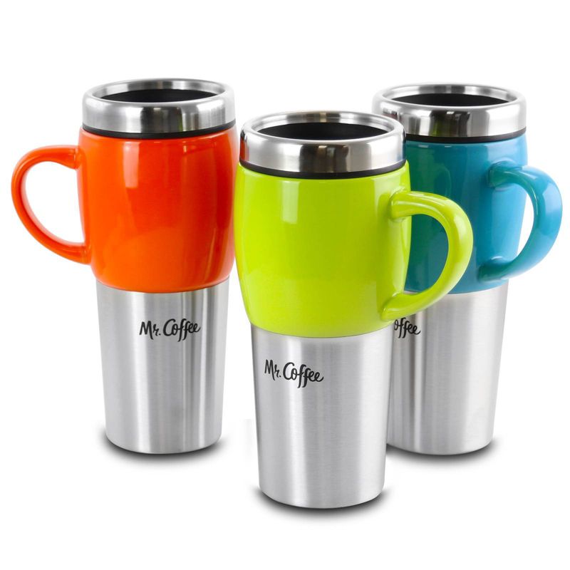 Mr. Coffee 16oz 3pk Stainless Steel Traverse Colorful Travel Mugs with Lids, 1 of 4
