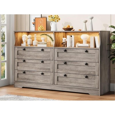 Grey Dresser for Bedroom Deep Drawers, Wide Wooden Bedroom Dressers with Power Outlet and Led Light