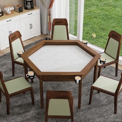 JVNOXKHexagonal Detachable Tabletop Board Game Table with Rotating Cup Holder, Solid Wood Legs（No chairs included)-Rustic Brown