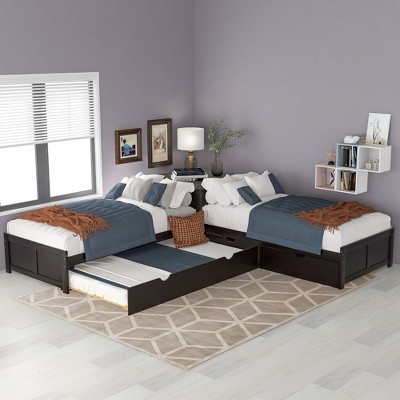 NicBex Twin Size Platform Bed Modern L-Shaped Pine Bed Frame with Trundle, 2 Drawers for Bedroom, Living Room, No Box Spring Required, Espresso