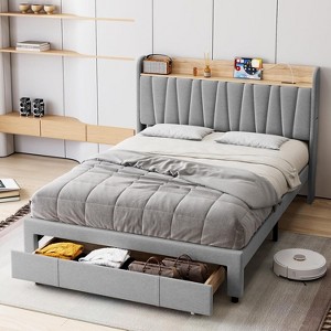 Full Size Bed Frame with Storage Headboard and Charging Station, Platform Bed Frame with Drawers, Heavy Duty, No Box Spring Needed, Grey - 1 of 4