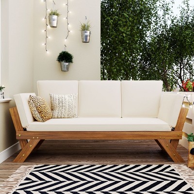 3 Seater Outdoor Patio Acacia Wood Daybed Sofa,Wood Outdoor Garden Loungers with Cushion,Patio Sectional Sofa with Adjustable Sides-Coolbibila