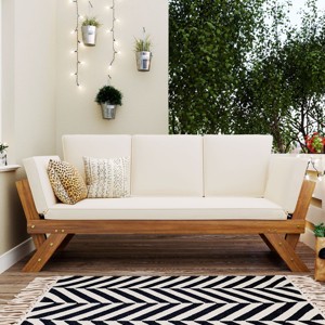 3 Seater Outdoor Patio Acacia Wood Daybed Sofa,Wood Outdoor Garden Loungers with Cushion,Patio Sectional Sofa with Adjustable Sides-Coolbibila - 1 of 4