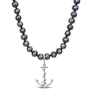 EVERLY JEWELRY |Sterling Silver 7-7.5mm Black Cultured Freshwater Pearl Men's Necklace with Large Lobster Clasp - 19 in. + 2 in extender - 1 of 4