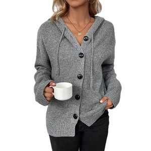 Coolmee Women's Front Button Hooded Sweater Outwear Cable Knit Long Sleeve Cardigan - 1 of 4