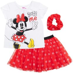 Disney Minnie Mouse Toddler Girls T-Shirt Tutu Skirt Scrunchy Set Red/White 5T