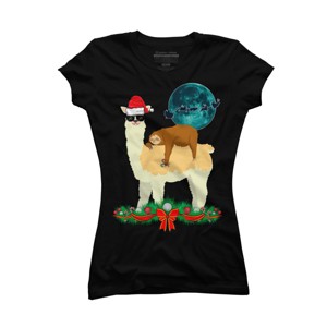 Junior's Design By Humans Llama With Glasses Sleeping Sloth Christmas Santa By TeeShirtMadness T-Shirt - 1 of 3