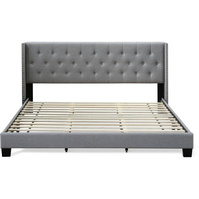 Luxurious Grey Linen King Upholstered Bed with Tufted Wingback Headboard