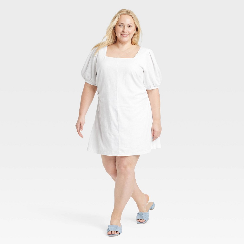 Women's Linen Short Sleeve Mini Sundress - A New Day™ White 20: Scoopneck, Side Zipper, Canvas Fabric