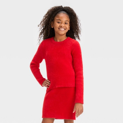 Girls' Fuzzy Ribbed Crewneck Sweater - Art Class™ Red L : Target