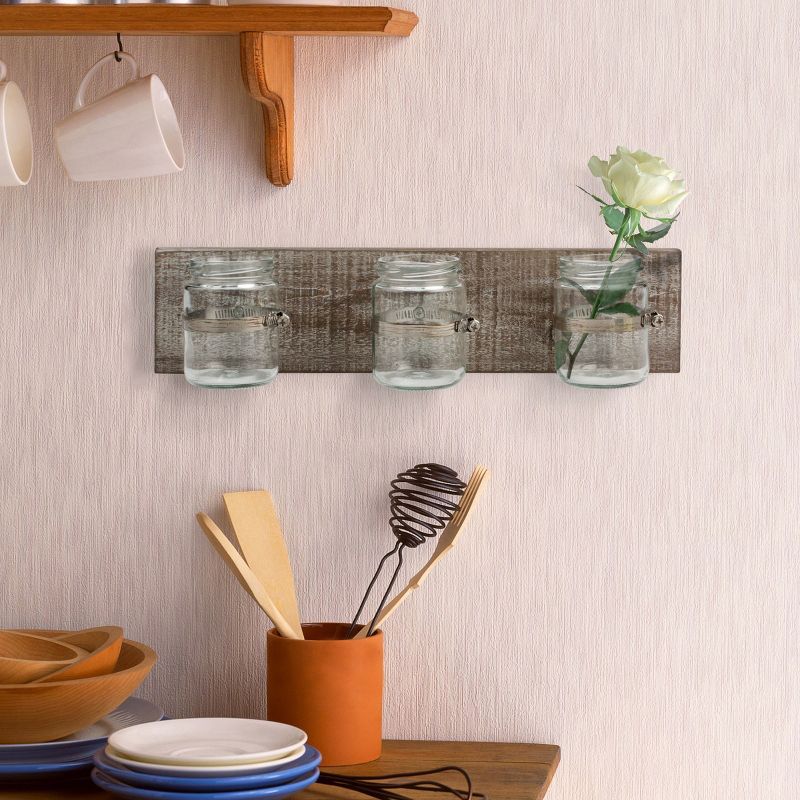 15.7&#34; x 3.7&#34; Rustic Wooden Wall Decor with 3 Glass Jars Worn White/Brown - Stonebriar Collection, 6 of 9