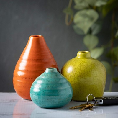 Set of 3 Multicolored Ceramic Bud Vases in Orange, Yellow, and Teal