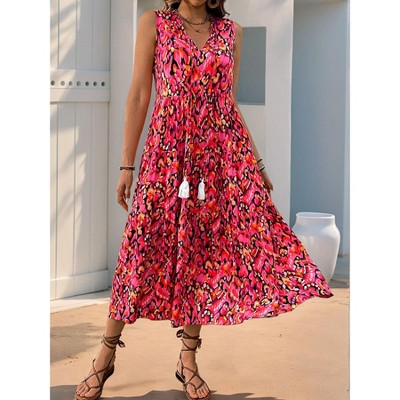Womens Summer Loose Fit Maxi Dress Casual V Neck Sleeveless Bohemian Floral Print Long Beach Sundresses