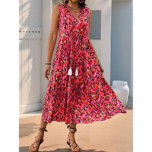 Womens Summer Loose Fit Maxi Dress Casual V Neck Sleeveless Bohemian Floral Print Long Beach Sundresses - 1 of 4