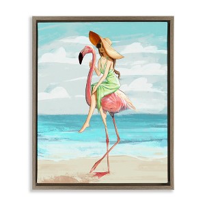 Stupell Industries Beach Woman Riding Pink Flamingo Floating Frame Canvas Art, Brown, 17" x 21" - 1 of 4