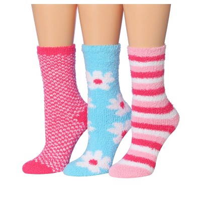 Tipi Toe Women's 3-Pairs Soft Flowers Stripe Pattern Fuzzy Anti-Skid Crew Socks