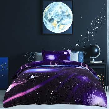 PiccoCasa 100% Polyester Galaxy Sky Cosmos Night Pattern 3D Printed Duvet Cover Sets 3 Pcs with 1 Pillowcase Twin Dark Purple