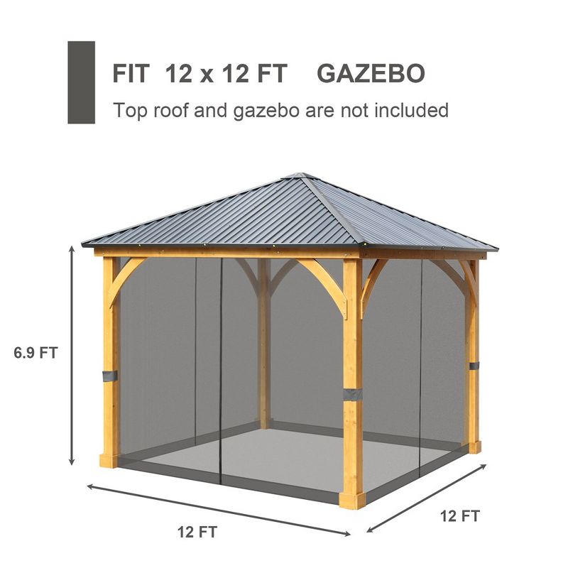 Aoodor 12 x 12 ft. Gazebo Replacement Mosquito Netting Screen 4-Panel Sidewalls with Double Zipper (Only Netting), 4 of 8