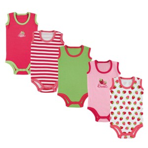 Luvable Friends Baby Girls Cotton Sleeveless Bodysuits 5pk, Pink Strawberry - 1 of 1