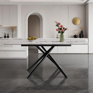 59" Modern Extendable Dining Table with Sintered Stone Top & Steel X-Base, Rectangular Kitchen Table for 4-6 People – The Pop Home - 1 of 4