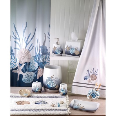 Blue and White Resin Coastal Wastebasket with Starfish