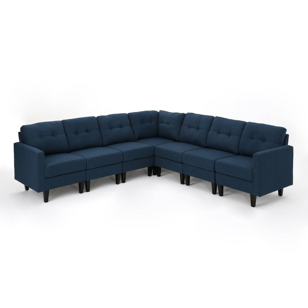 7pc Emmie Mid Century Modern Extended Sectional Sofa Navy Blue - Christopher Knight Home: L-Shaped, Polyester Upholstery, Hardwood Frame
